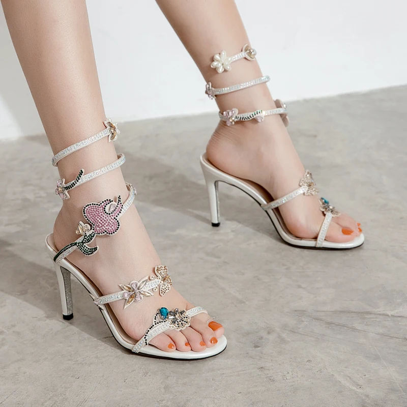 Popular Fashion selling 2021 summer fairy crystal flower high heeled shoes net red white thin heel snake shaped winding sandals