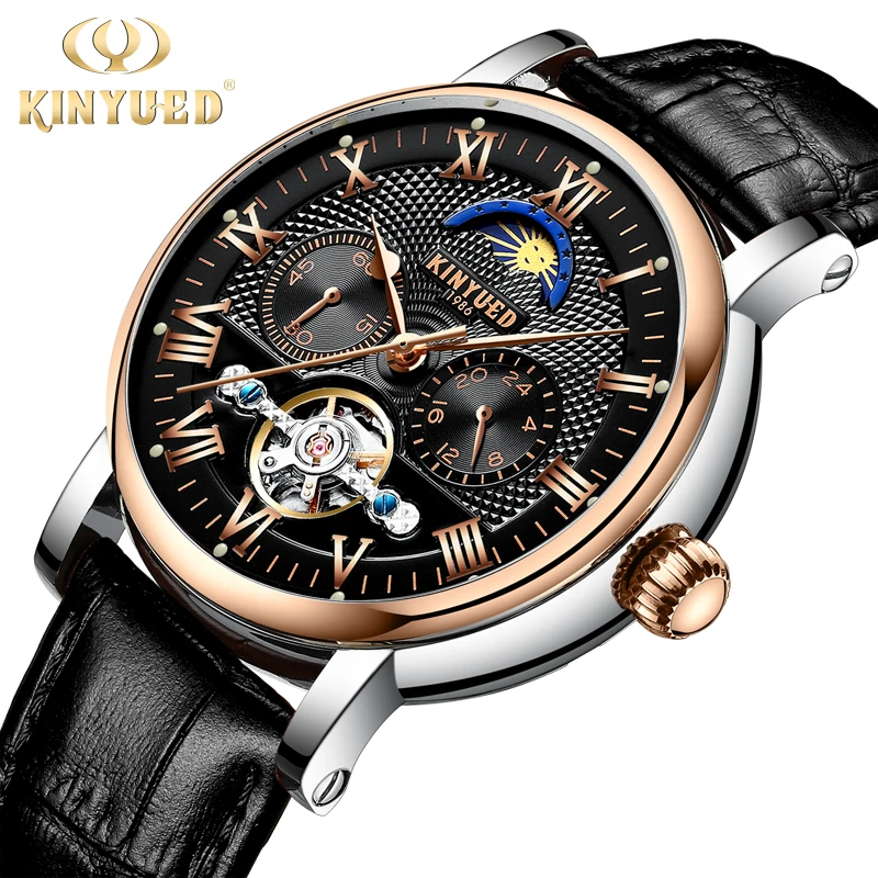 KINYUED Business Watch Men Automatic Clock Male Tourbillon Waterproof Top Brand Mechanical Watch Moon Calendar Relogio masculino