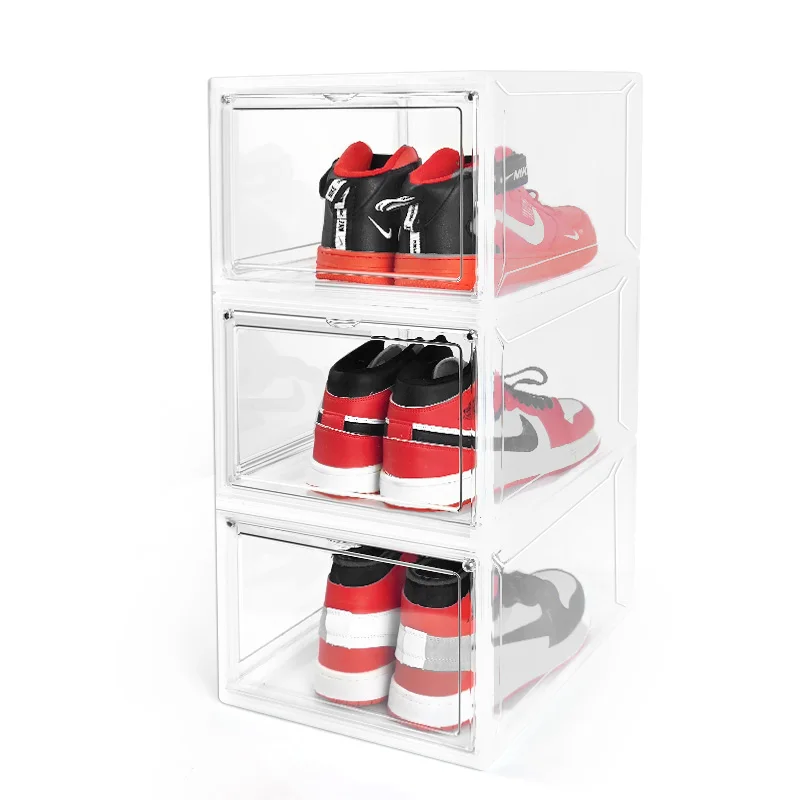Hard Folding Transparent Acrylic Double Magnet Door Designs Clear Shoes Storage Box Stackable Shoes Organizer