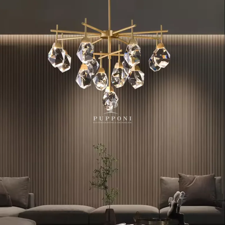 Nordic Modern Gold Brass Metal Crystal Luxury Hanging Ceiling Lamp Living Room Chandelier Pendant Light for Indoor Decoration
