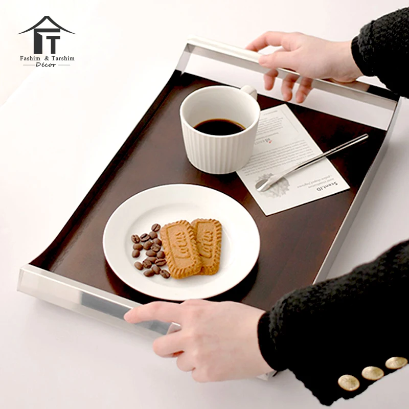 Manufacture serving trays With metal handles hot sale wooden trays set serving decorative cafe serving tray