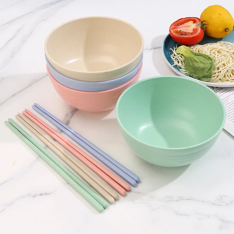 Wholesale creative food grade eco-friendly degradable wheat straw fiber rice bowl sets with spoon and chopsticks baby food bowls