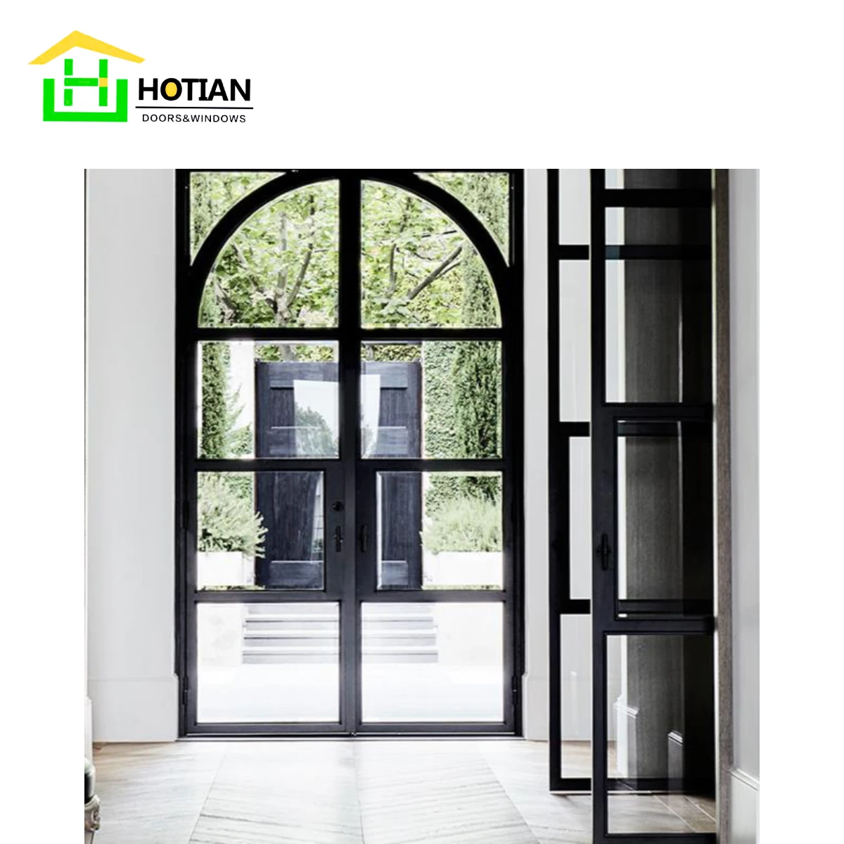 Reliable Quality Custom  Size Design Wrought Iron Arched Glass Door with Decorative Grilles