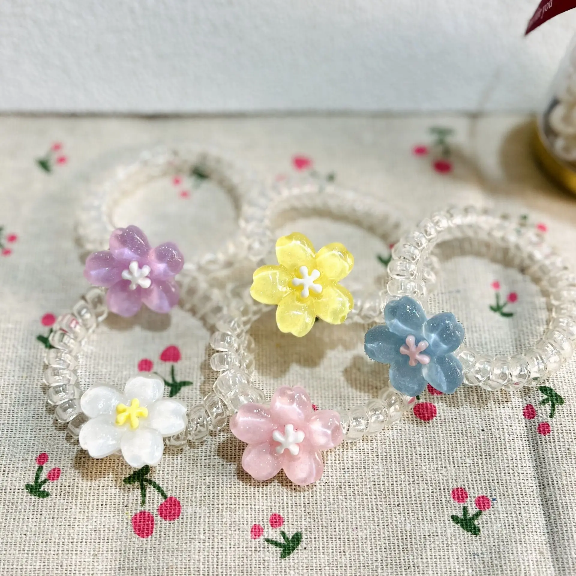 Cherry Blossom Phone Line Hair Tie Transparent New High Elastic Sweet Small Flower Fresh Headband Versatile Outer Wear Hair Rope