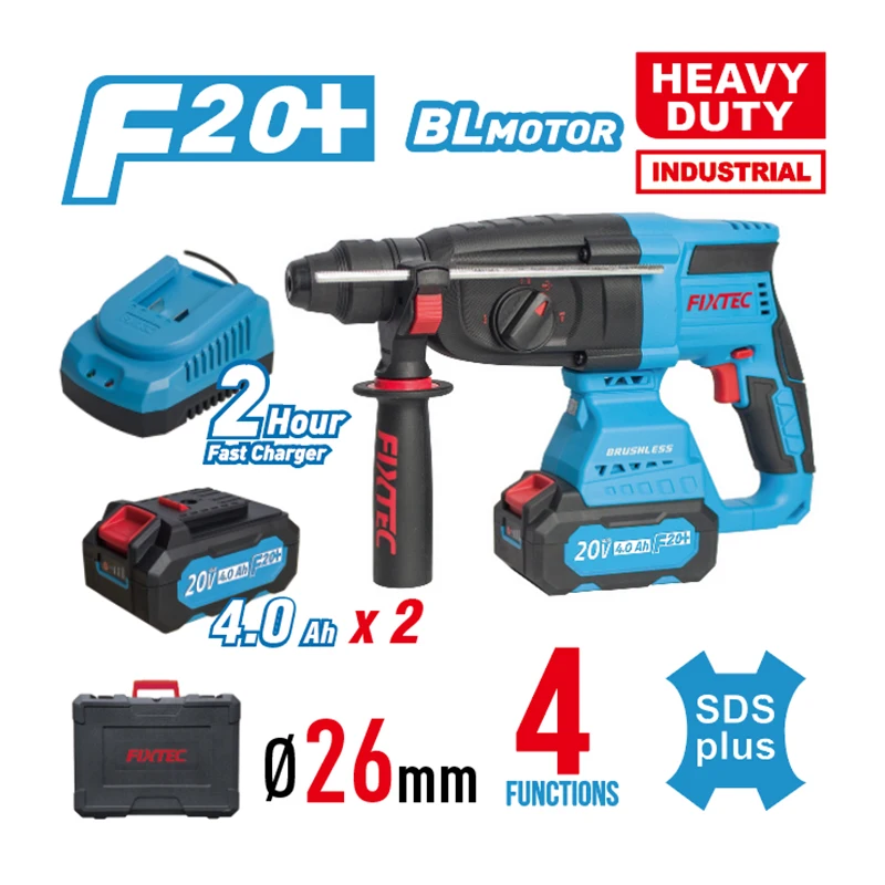 FIXTEC 20V Brushless Electric Hammer Drill 4 Functions 26mm SDS Plus Rotary Hammer Drill Machine