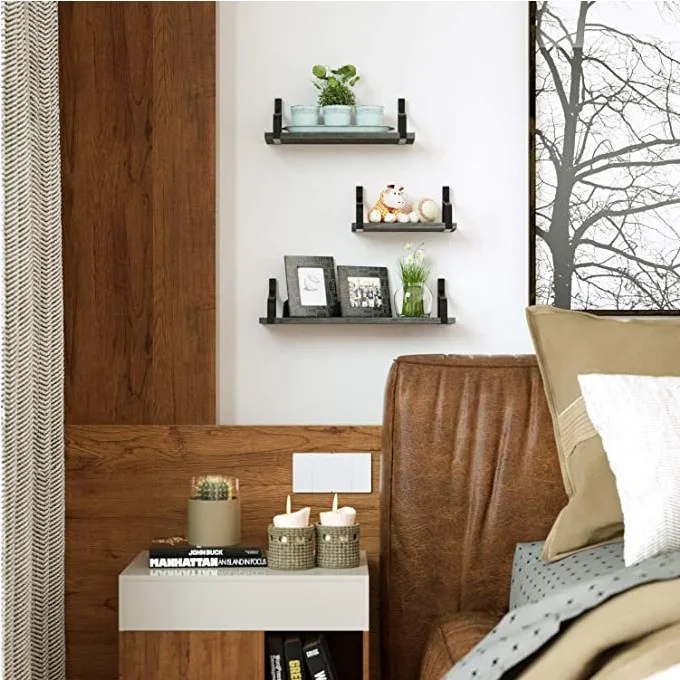 Wholesale Floating Shelves Wall Mounted Rustic Wood Wall Shelves Set of 3 for Bedroom Living Room Bathroom Kitchen Grey