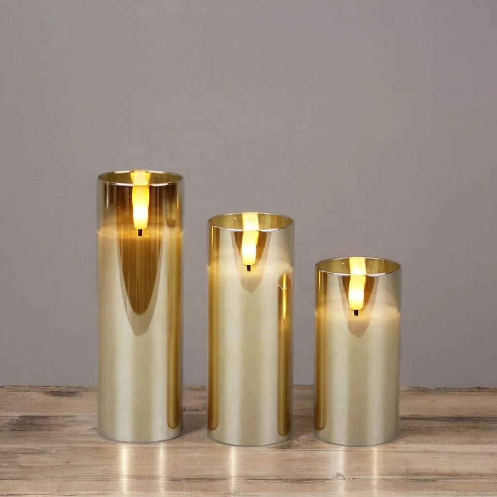 Christmas Decor Gold Flickering Real Look 3D Wick Flameless Battery Operated LED Candle in Glass