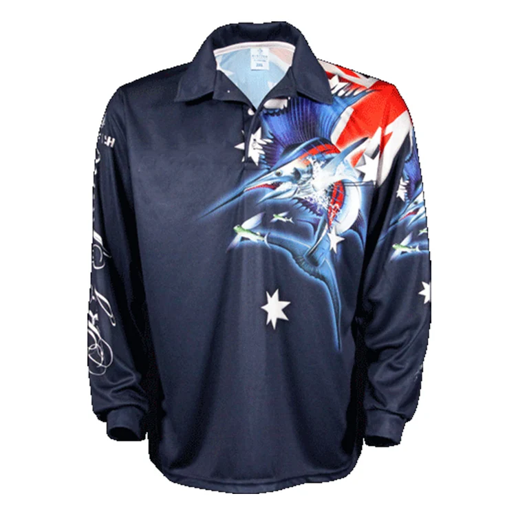 Long sleeve quick dry polyester fishing clothing waterproof Anti UV UPF 50+ custom sublimation design fishing polo shirt