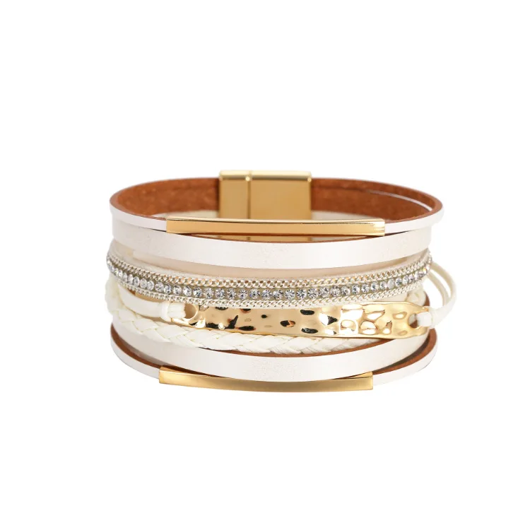 Personalized Women Magnetic Clasp Metal Charm Leather Bracelets Hot Multi Layered Rhinestone Crystal Wrap