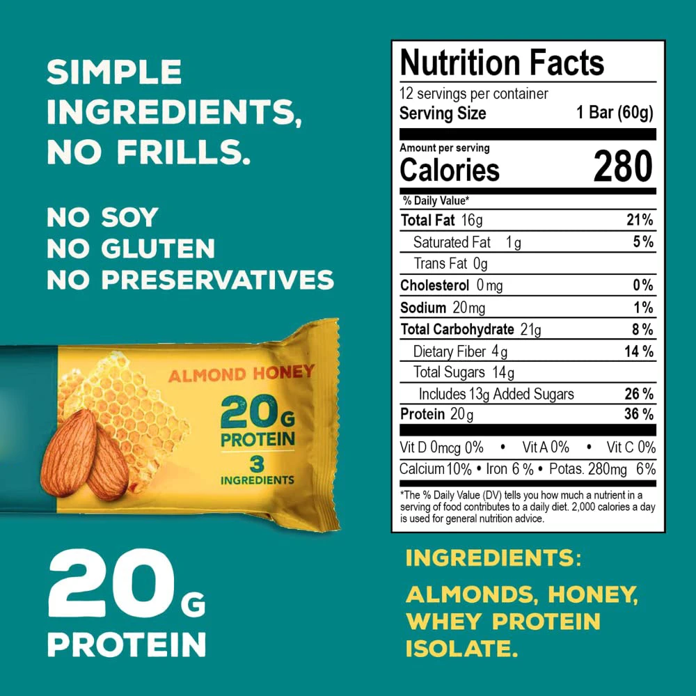 Whey Protein Bars Almond Honey Healthy Snacks 20g Protein 4g Fiber Non-GMO Healthy Snacks, Gluten-Free Soy Free Bar 12 Pack