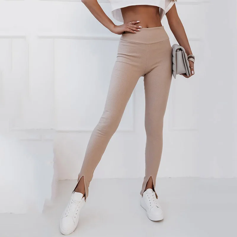 Custom Logo Solid Color Rib Knit High Waist Slit Winter Women Scrunch Butt Seamless Leggings