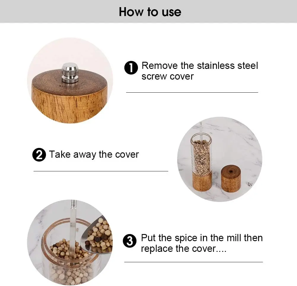 Premium Acrylic Salt and Pepper Grinder Set, Manual Salt and Pepper Mills- Wooden Pepper Shakers with Adjustable Ceramic Core