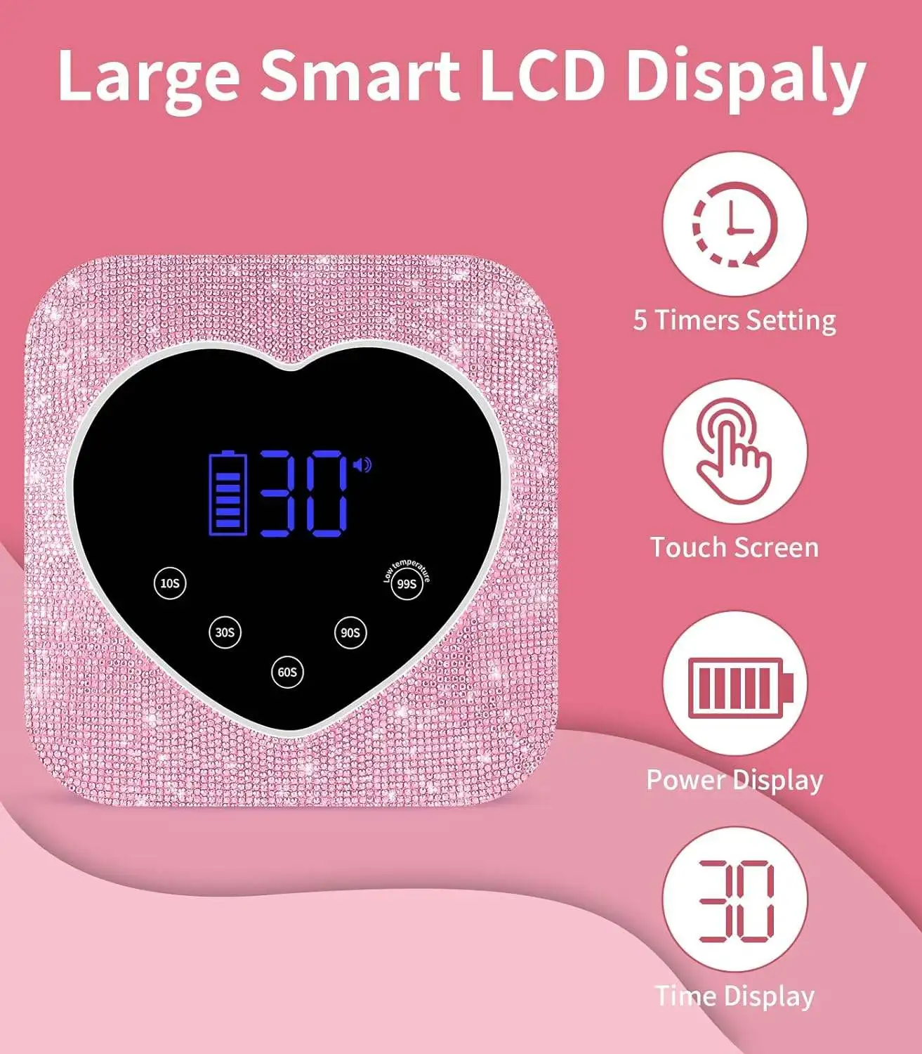 Rechargeable UV Nail Lamp Fast Nails Dryer Curing Lamp for Salon & Home Pink Heart Shape Diamond Gel Nail Polish UV Light