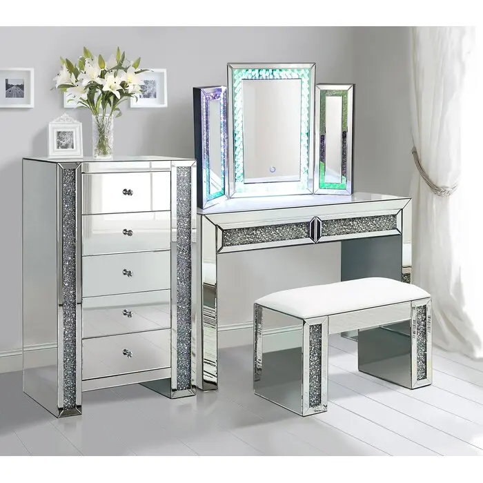 Modern Crystal Glam Diamonds Makeup Vanity Set Led Light Mirrored Dressing Table Vanity Table For Bedroom Hotel Furniture