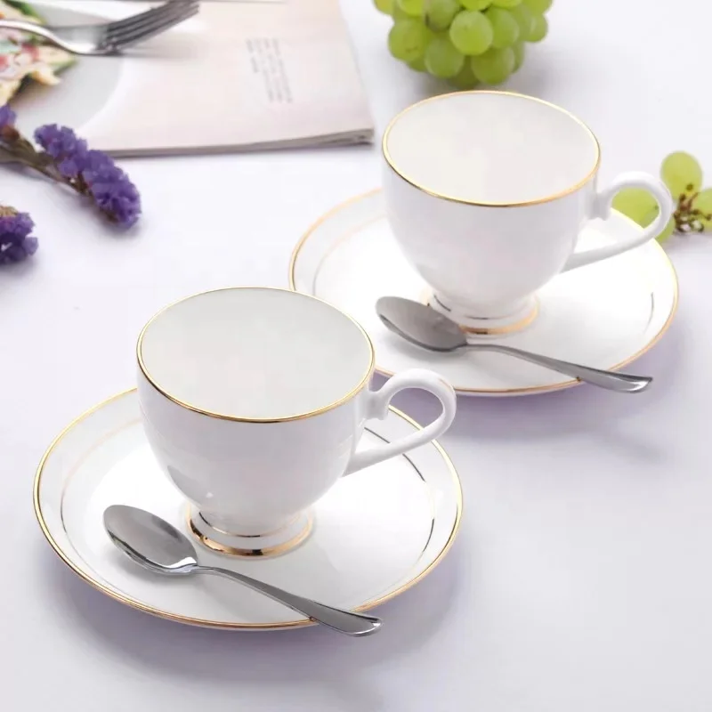 Cheap Price Turkish Bone China Coffee Cups Set White Porcelain Coffee Gold Silver Rim Personalized Tea Cups and Saucers