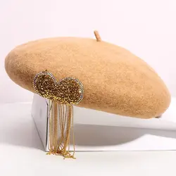 Custom Classy Rhinestone Bling Hat Women Love Pattern Diamond Tassel Wool Berets