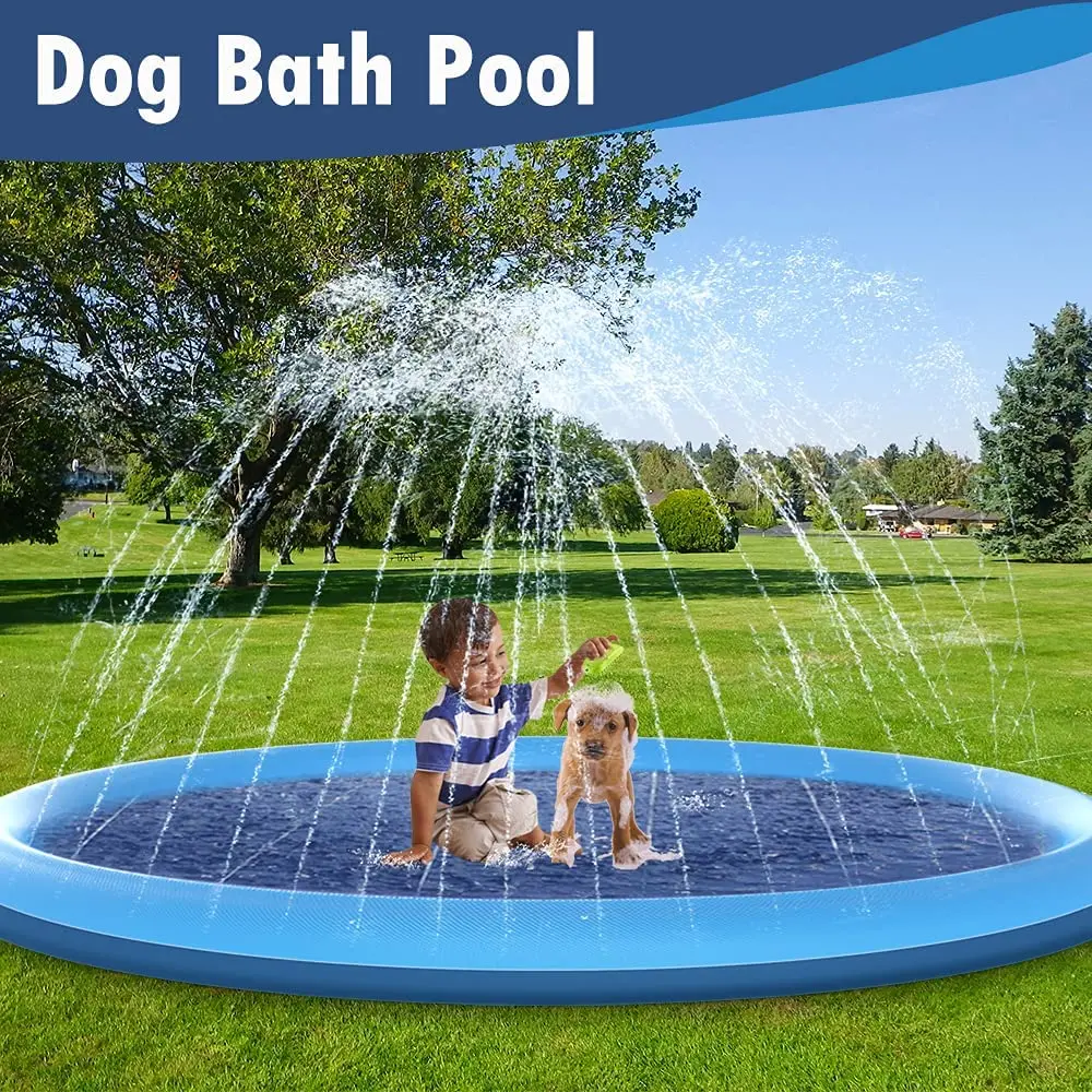 Outdoor backyard dog sprinkling water sprinkling children and dog outside water toy girl boy splash mat