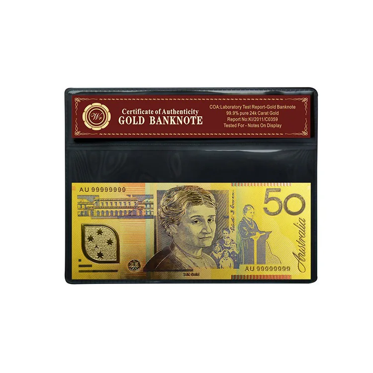 Hot Sale New Australian $50 Cheap Colored Gold Banknote 24k GOLD 99.9 Fifty Dollars With COA Frame Suitable For Collection
