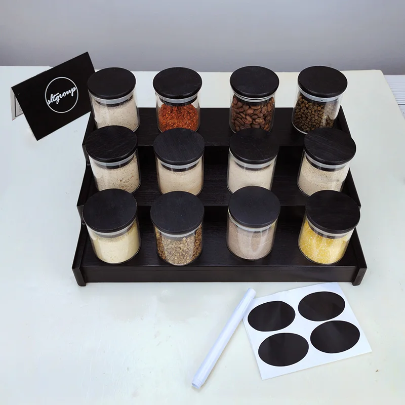 New  Kitchen tool set glass spice jar 12 pack 3.3oz  glass spice jar with black bamboo lid and 3-Tier bamboo rack