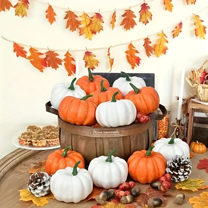 White Orange Artificial Pumpkin Home Decor Halloween Pumpkin Ornament Large Foam Pumpkins with Maple Leaf for crafting