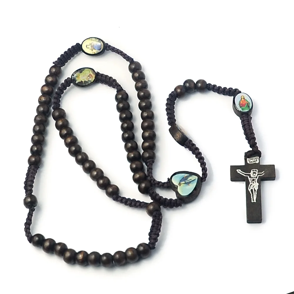 Natural Wood Hand Woven Wooden Beads Jerusalem Jewelry Cross Rosary Necklace