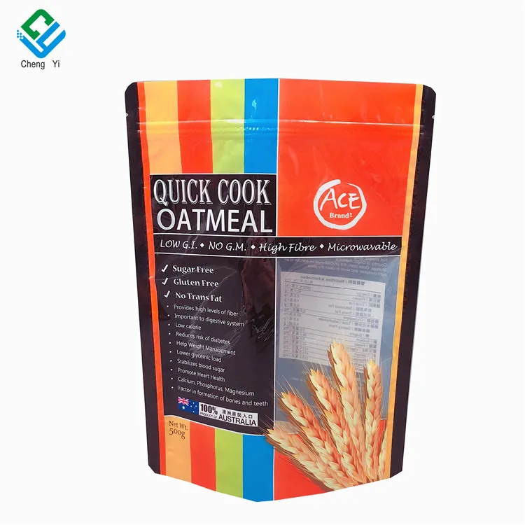 Custom Print Food Stand Up Pouch Packaging Bag 500g Flour Corn Powder Granola With Clear Window Zip Lock Bags