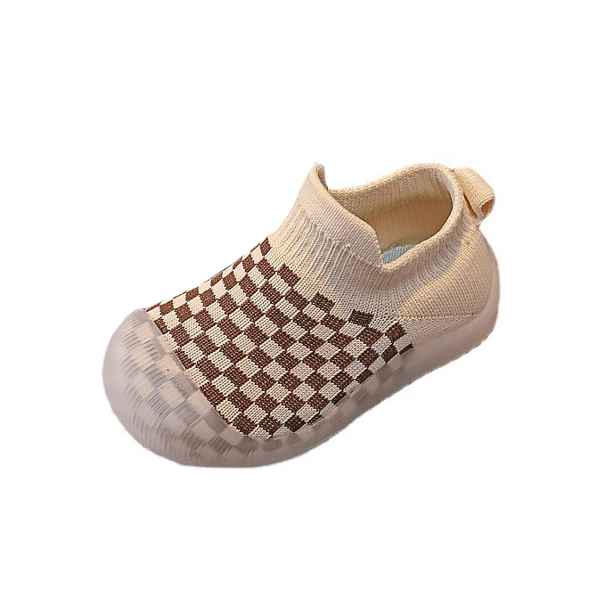 Factory wholesale plaid mesh fabric infant Slip-on shoes check design toddler fly knitting shoes for 1 years baby socks shoes