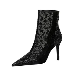 316-3 BIGTREE Fashionable stiletto boots for women Sequin lace is sexy Transparent mesh ankle boots New ankle boots for 2020