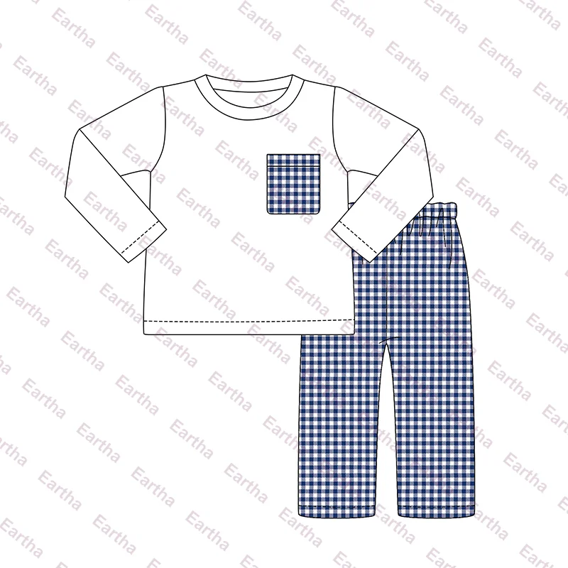 children boys clothing sets monogram baby boys t-shirts and gingham pants sets winter kids clothes wholesale