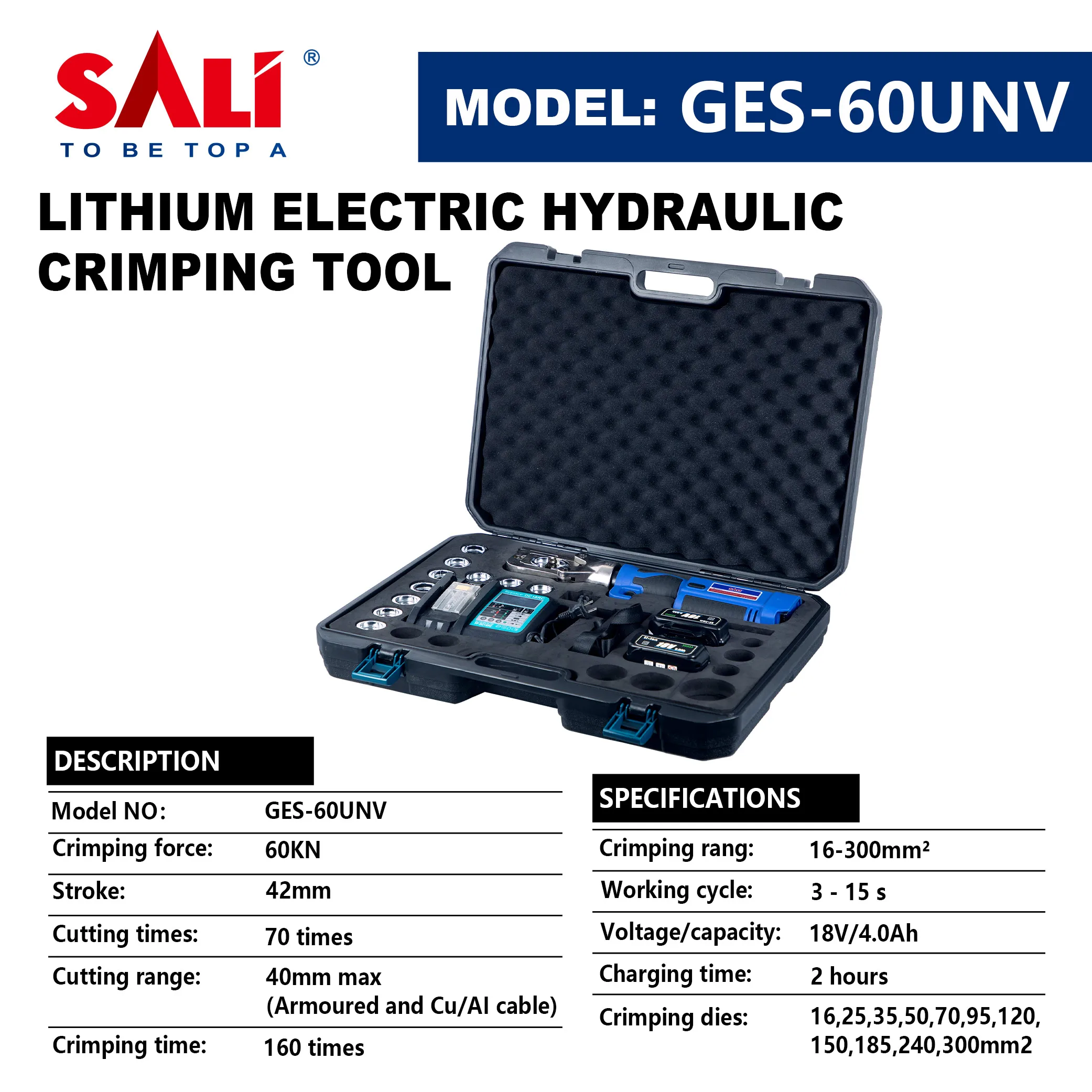 SALI 60KN 42mm stroke mini intelligent electric cordless hydraulic cable lug crimping tools