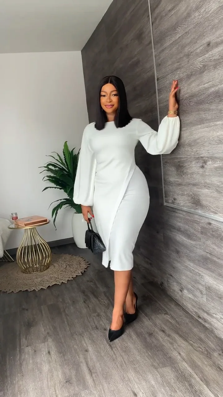 BOBOYU 2022 new arrival women modest work career dresses round neck puff sleeve slim midi dress elegant dress ladies office wear