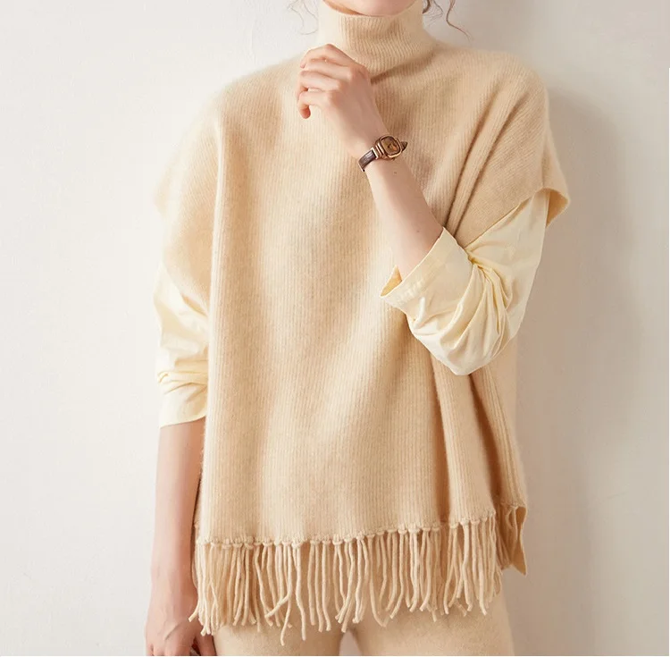 Custom Autumn Winter New Cashmere Sweater Women Half High Neck Warm Vest Cloak Fringe Sleeveless Knitted Thick Outside