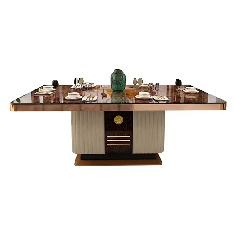 Nordic style luxury restaurant dining room furniture gold metal frame marble top white leather dining table and chair set