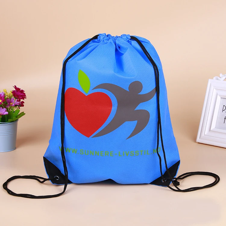 Wholesale eco friendly blue color 80gsm non woven drawstring backpack bag for students