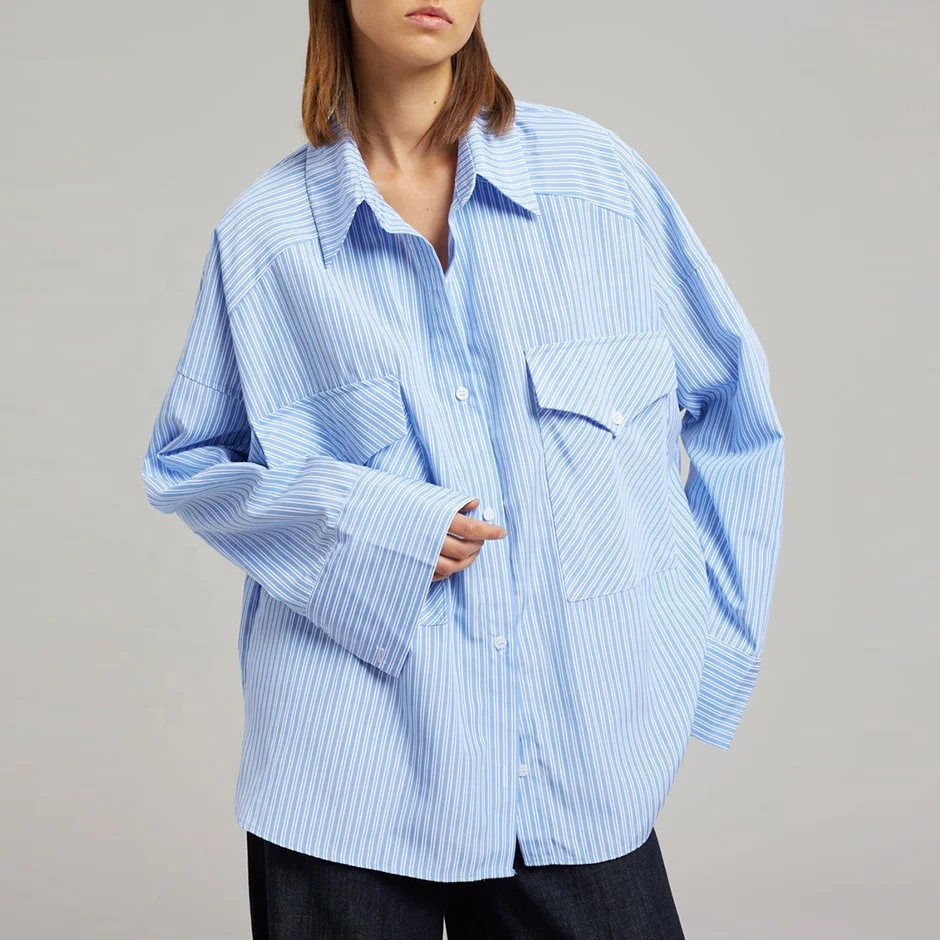 Oversized Stripes 100% Cotton Women Summer OfficIal Long Blouse Shirt Women Tops And Blouses