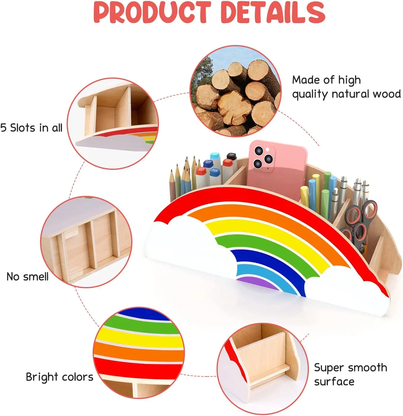 Rainbow Wooden Pen Pencil Holder Phone Holder for Office Supplies Makeup Brush for Women
