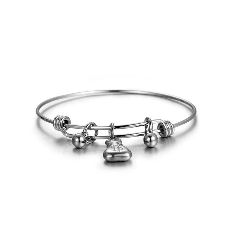 Luxury Stainless Steel Adjustable Tassel Lock and Double Round Bead Charms Bangle Bracelet for Women Girls