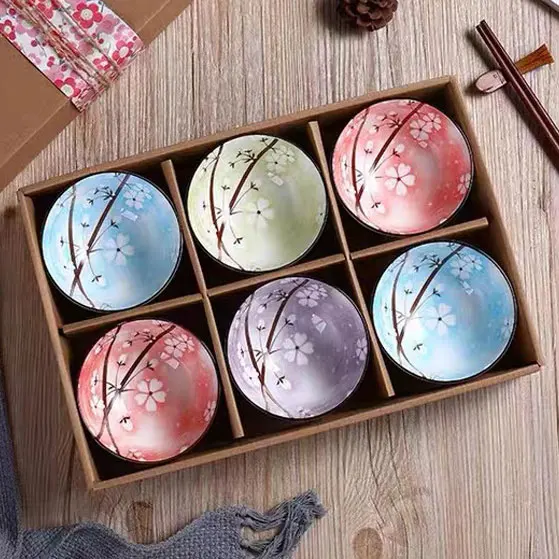 pink color hand made 4 pcs 4.5 inch antique ramen soup japanese style gift set ceramic japanese rice bowl with chopsticks