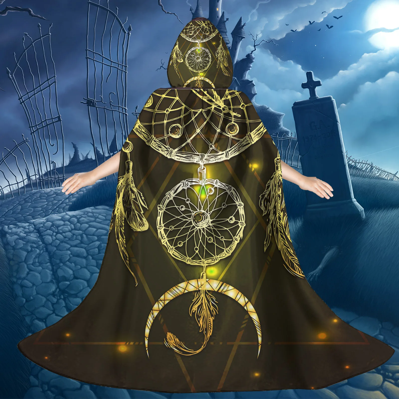 Yellow Drean Catcher Custom Print Kids Hooded Cloak Halloween Witch Cape for Celebrate Chilldren Wear 3D Digital Printing