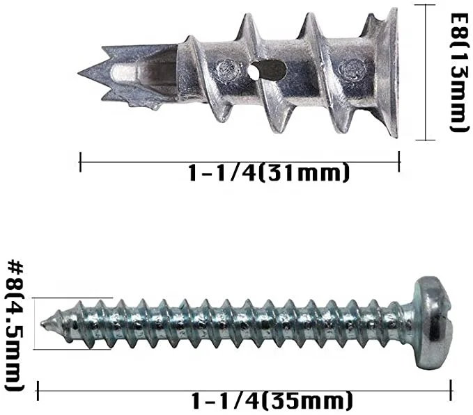Self Drilling Drywall and Wall Anchor 3 Point Tip Zinc Alloy Plugs for Hollow Wall Material 100Pcs and Pan Hand Chipboard Screw