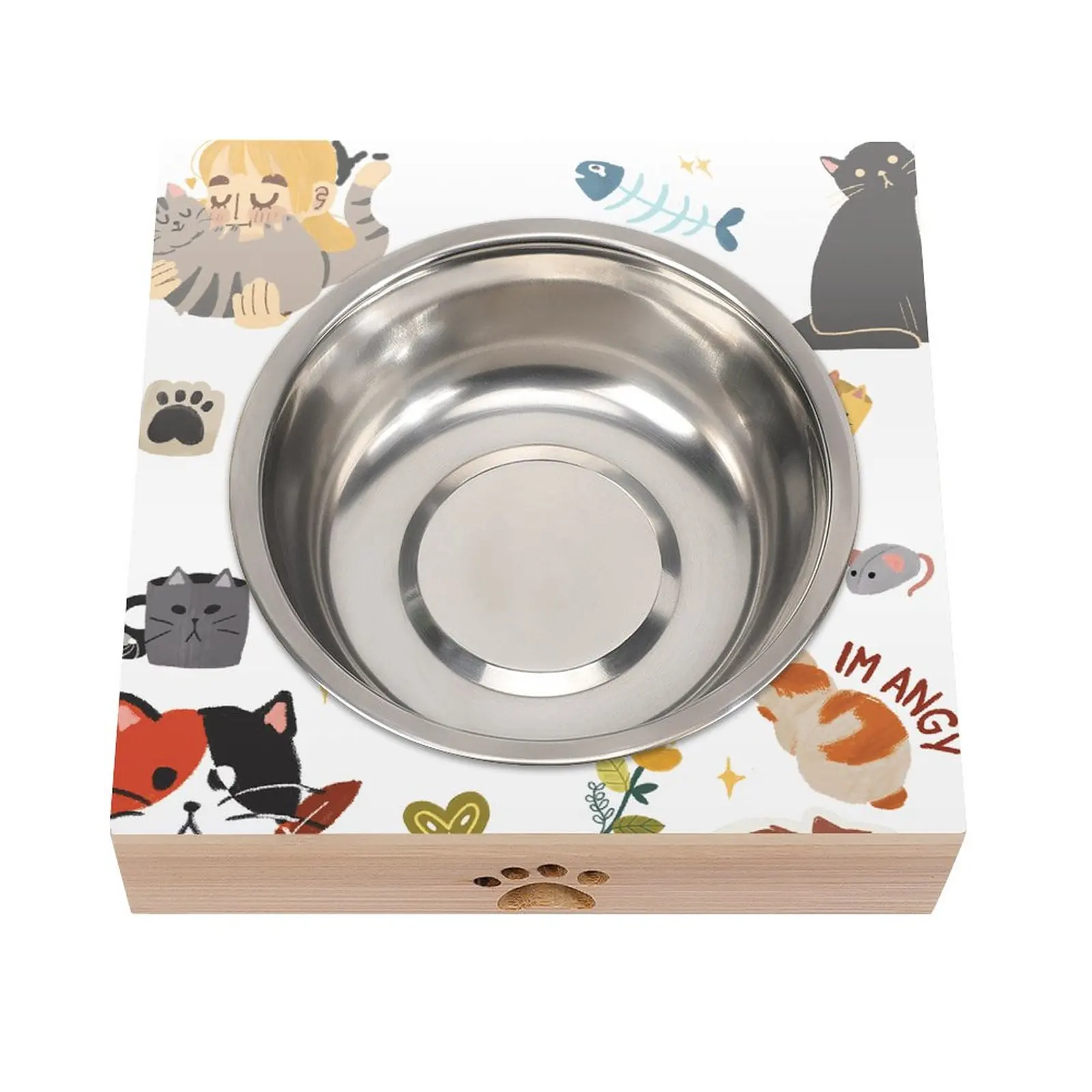 Custom Low MOQ Quadrate Bamboo Stand Stainless Steel Round Elevated Cat Dog Food Bowl Slanted Water Container