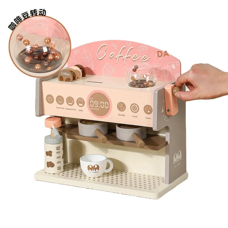 Kids Educational Wood Maker Role Play Kitchen Simulation Wooden Coffee Machine Toy
