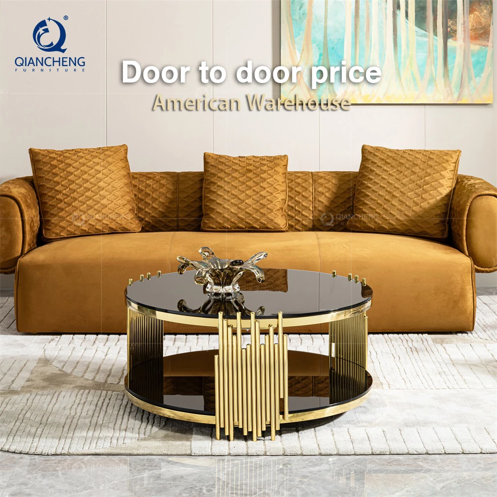 Modern luxury golden 2 layer black tempered glass top round coffee table