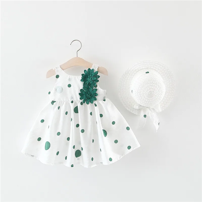 2022 Summer  Cute Sleeveless Polka Dots Cotton Baby Girl Dress+ Sunhat Toddler Baby Girl Clothes with a bow or a flower