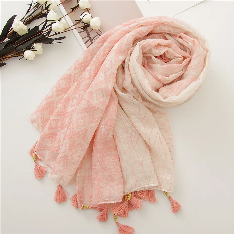 Elegant Autumn Winter Japanese Style Scarf New Feather Printing Wooden Beads Tassel Ethnic Voile Shawl