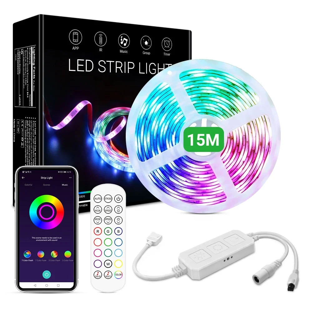 BLT 15M 270 LEDs IP20 Non-Waterproof Smart LED Strip Light RGB DC 12V With IR Remote  For Home KTV Garden Lake Decoration