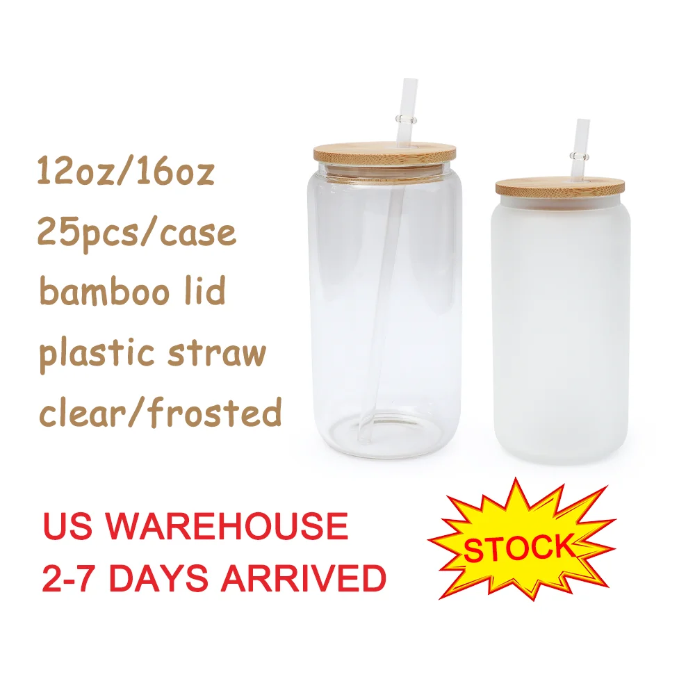 US Warehouse Stocked custom 12oz 16oz 25oz clear frosted beer glass can sublimation with lid and straw