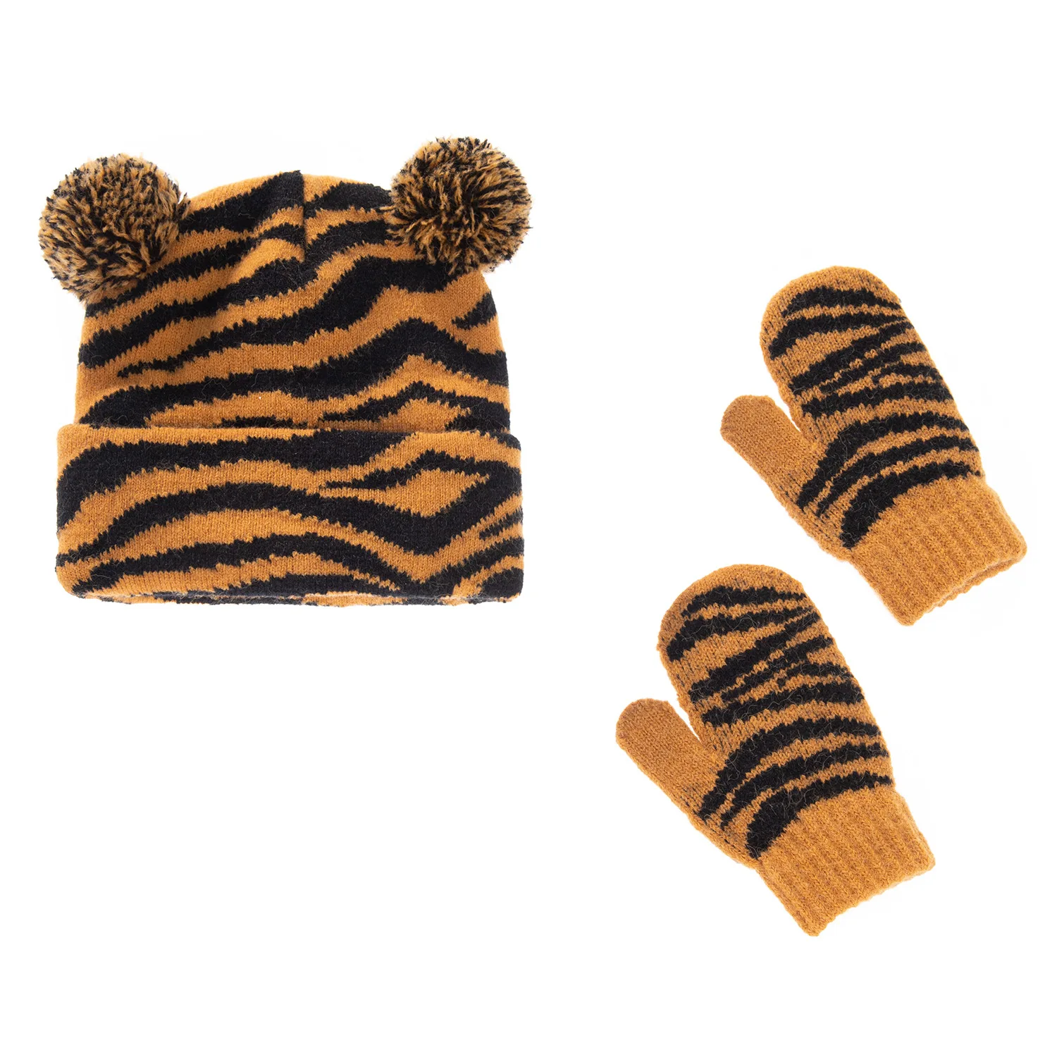 Warm And Cozy 2-piece Faux Fur Hat Mitten Set Baby Kids Animal Jacquard Pattern Double Pom Hat And Knit MItten