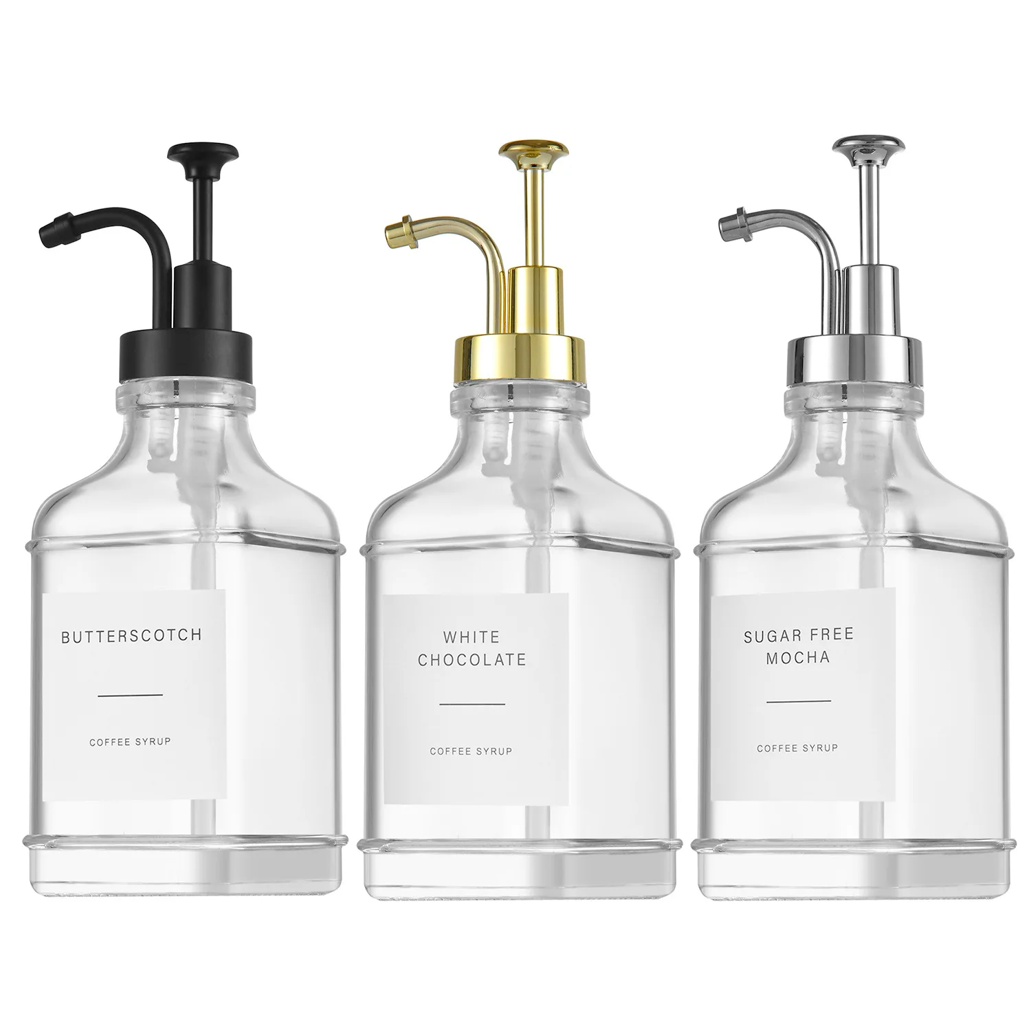 500ML Coffee Syrup Dispenser for Coffee Bar Coffee Pump Dispenser Glass Syrup Bottle Pumps with Labels