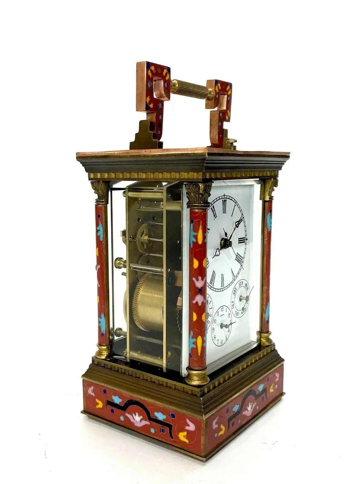 18th French antique Floral Red Cloisonne gilt brass cased 8 Day Repeater Alarm Chiming Calendar Porcelain Carriage Travel clock